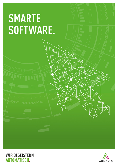 Digitaler Mauszeiger aus Linien mit Text: Smarte Software. Titelbild der kurzen Firmenbroschüre Smarte Software von AUNOVIS.