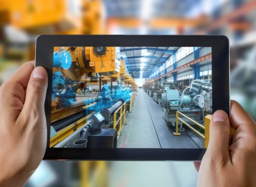 Tablet zeigt Produktionshalle mit eingeblendeten digitalen AR-Elementen
