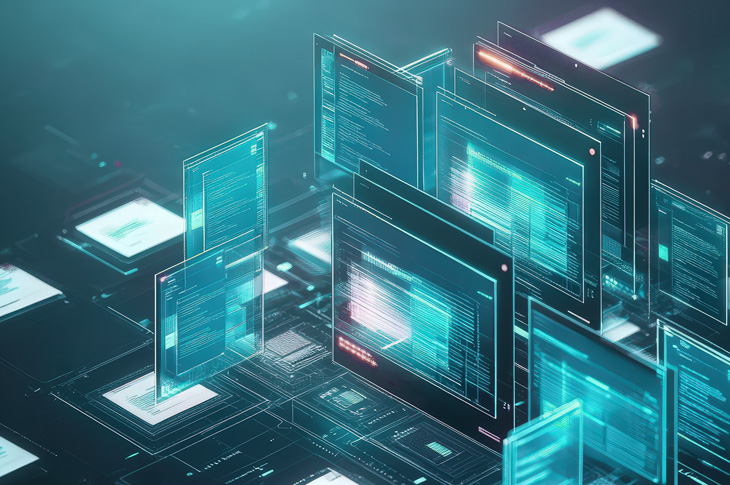 Schwebende digitale Fenster mit Code und Daten in Hightech-Umgebung