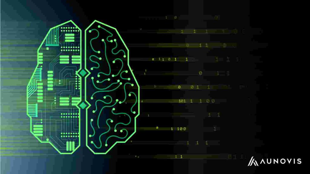 Grafik eines digitalen Gehirns mit Datenfluss – KI im Fokus