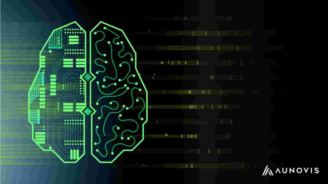 Grafik eines digitalen Gehirns mit Datenfluss – KI im Fokus
